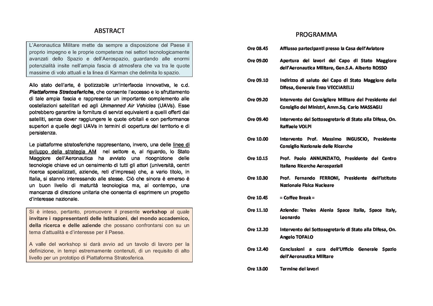 WORKSHOP NAZIONALE SULLE PIATTAFORME STRATOSFERICHE,