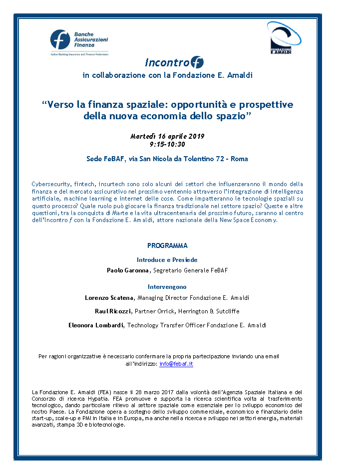 SAVE THE DATE 16 APRILE. Verso la finanza spaziale: opportunità e prospettive della nuova economia dello spazio